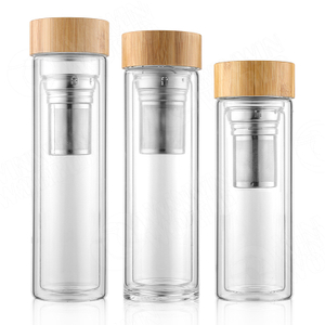 Double Walled Glass Tea Infuser Bottle and Strainer with Bamboo Cover, Durable Stainless Steel, Portable, Great for Tea, Coffee, and Fruit Infused Drinks