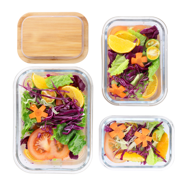 Glass Meal Prep Container Alternative Capacity,Microwave,Freezer Save,BPA Free Leak Proof Lunch Bento Box With Wooden Lid