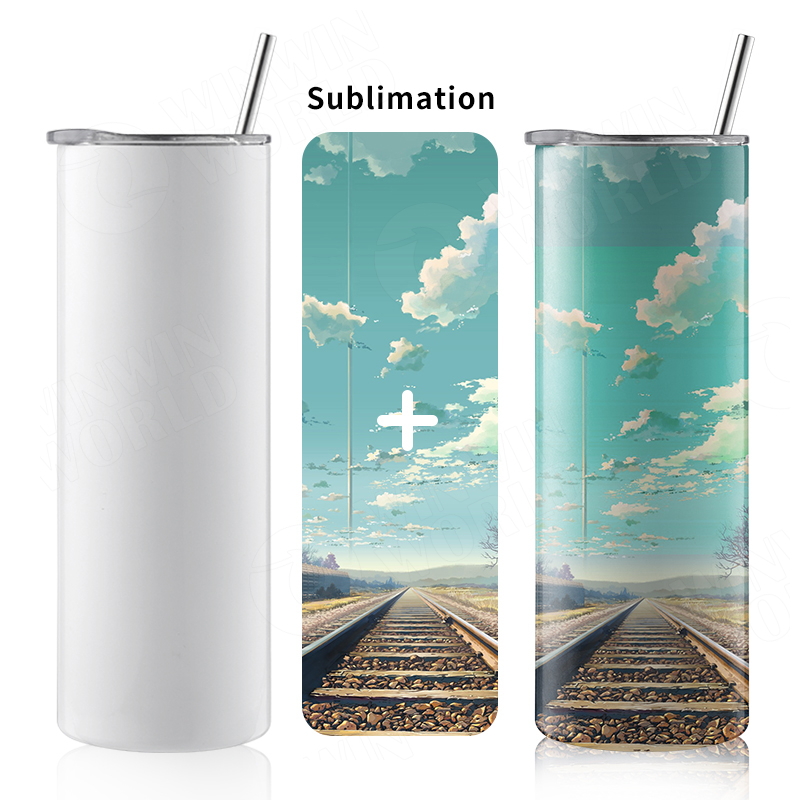 20oz Skinny White Straight Sublimation Blanks Stainless Steel Tumblers With Metal Straws